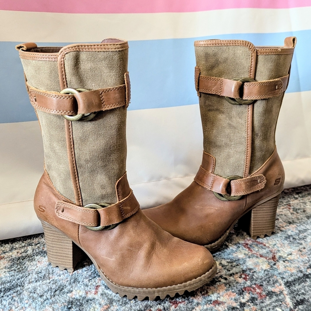 Vintage Skechers Mid Calf Lug Boot Tan Beige Brown Leather Canvas Heeled Y2K 8